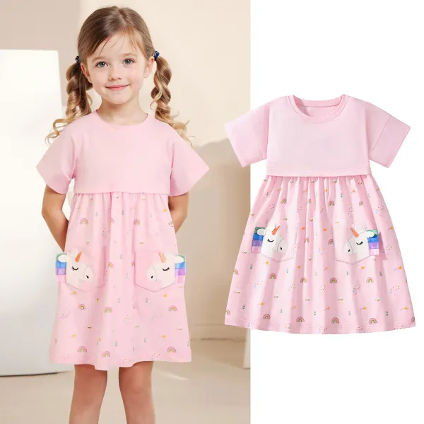 【1Y-7Y】Girls Cute Rainbow Print And Unicorn Embroidery Pink Short Sleeve Dress - Popopieshop.com 