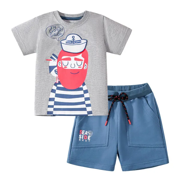 【1Y-7Y】2-piece Boys Casual Cartoon Printed Gray T-shirt And Blue Shorts Set - Popopieshop.chimpone.com 