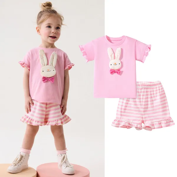 【1Y-7Y】2-piece Girls Cute Bunny Embroidered Pink T-shirt And Striped Shorts Set - Popopieshop.com 