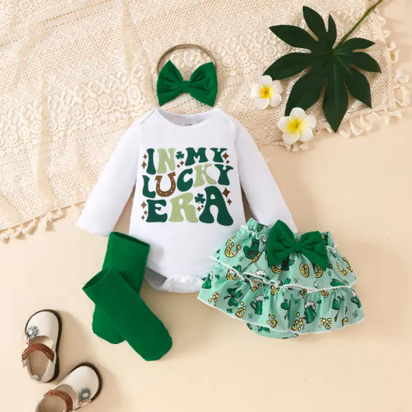 【0M-18M】4-piece Baby Girls St. Patrick's Clover And Letter Print Romper And Skirt Set With Bow Hair Ribbon And Socks Only $25.99 - Popopieshop.com 
