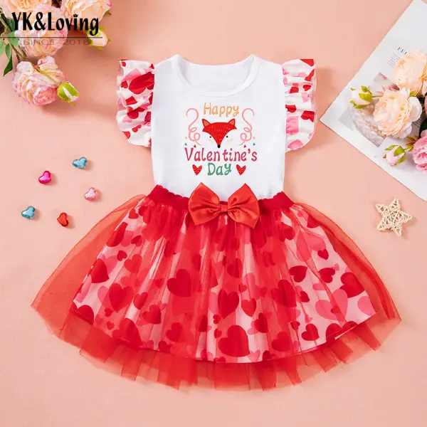 【1Y-6Y】2-piece Girls Cute Valentine's Day Printed T-shirt And Red Heart Shape Embroidered Mesh Skirt Set - Popopieshop.com 