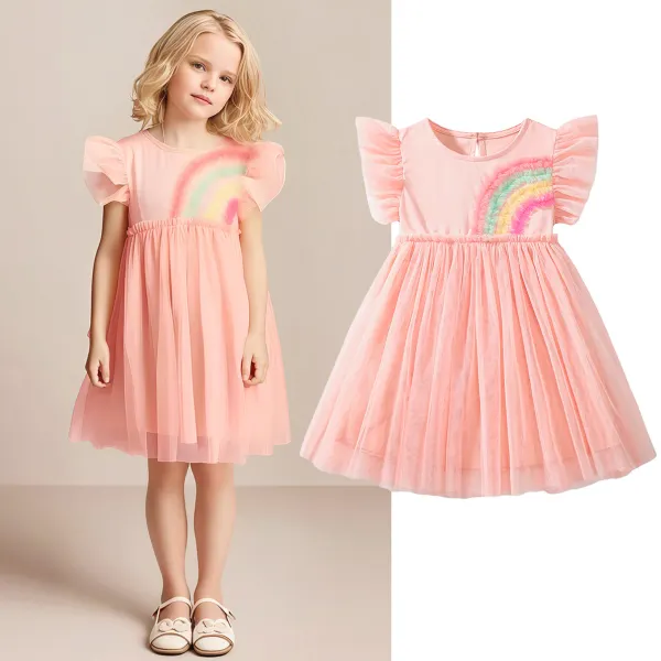 【1Y-7Y】Girls Cute Mesh Rainbow Embroidered Light Pink Dress - Popopieshop.com 