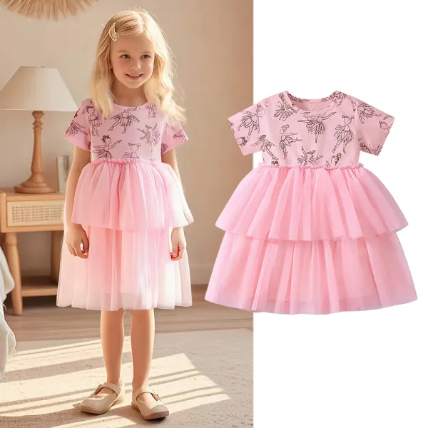 【1Y-7Y】Girls Cute Cartoon Ballerina Girls Printed Pink Dress - Popopieshop.com 