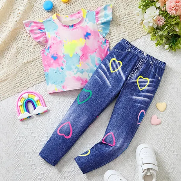 【2Y-8Y】2-piece Girls Sweet Tie-Dye Ruffle Tee And Heart-Shaped Faux Denim Pants Set - Popopieshop.com 