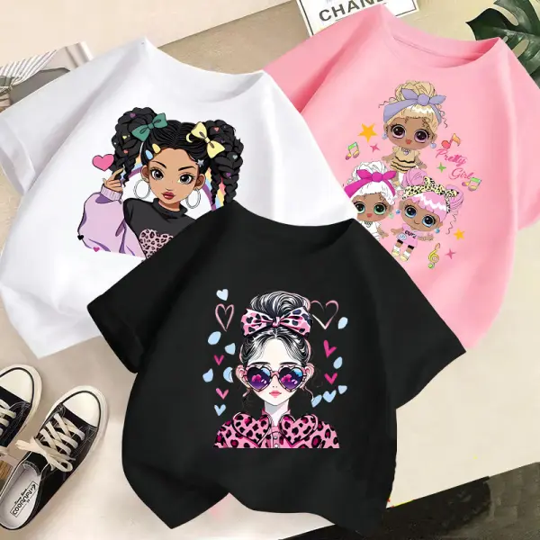 【2Y-10Y】Girls Casual Cotton Beautiful Girl Printe Short Sleeve Multicolor T-shirt - Popopieshop.com 