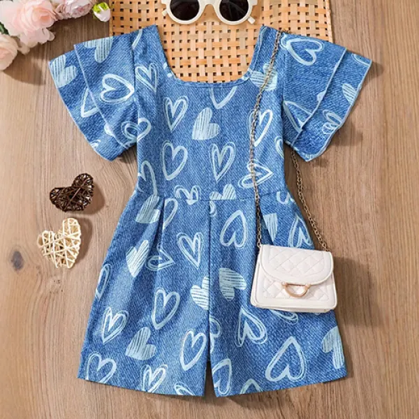 【2Y-8Y】Girls Sweet Heart Shape Faux Denim Print Ruffle Square Neck Jumpsuit - Popopieshop.com 