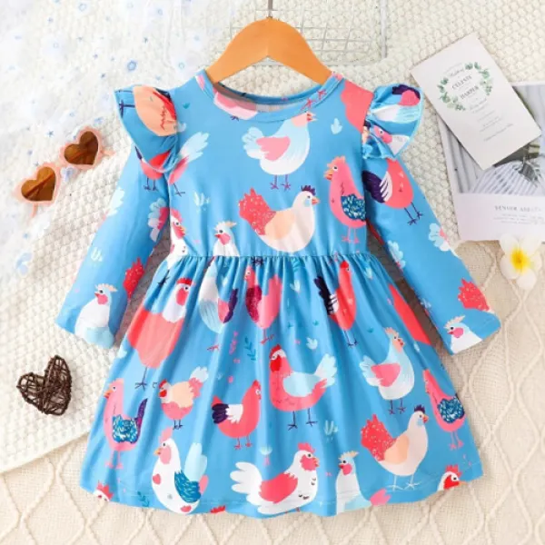 【12M-8Y】Girls Cute Chicken Print Long Sleeve Dress - Popopieshop.com 
