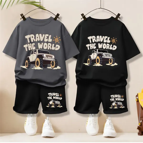 【2Y-12Y】2-piece Boys Casual Off-road Vehicles Print Multicolor Short Sleeve T-shirt And Shorts Set - Popopieshop.com 