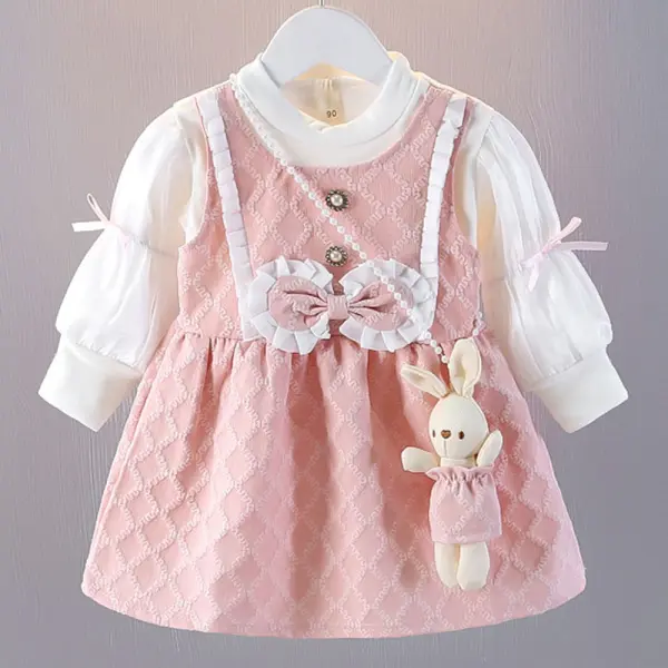【18M-6Y】2-piece Girls Fake Two Piece Bow Long Sleeve Dress With Bunny - Popopieshop.com 