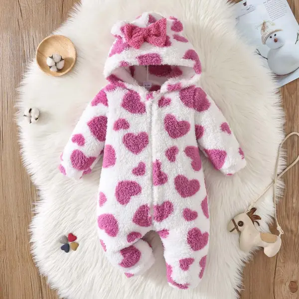 【0M-18M】Baby Girl Thick Flannel Heart Bow Long Sleeve Hooded Romper - Popopieshop.com 