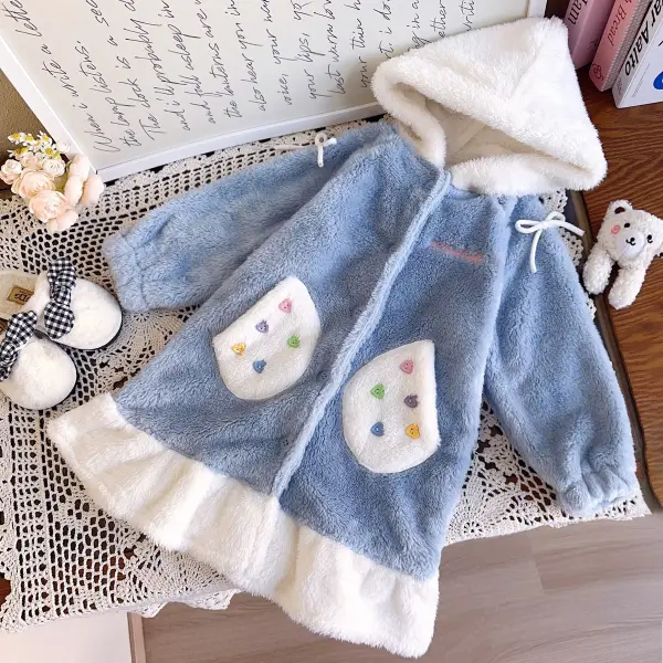 【18M-8Y】Girls Thick Blue Flannel Hooded Pajama Dress - Popopieshop.com 