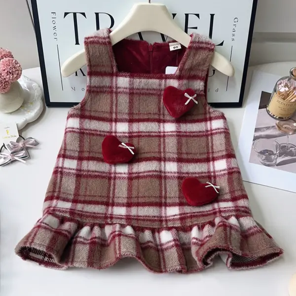 【18M-8Y】Girls Thick Plaid Tweed Fleece Heart Applique Sleeveless Dress - Popopieshop.com 