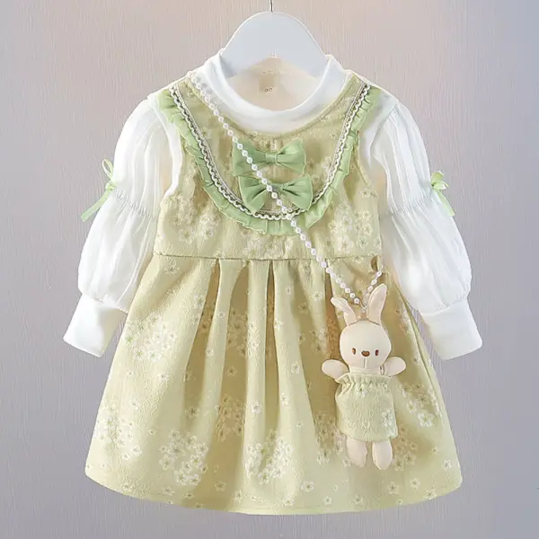 【18M-6Y】2-piece Girls Fake Two Piece Floral Bow Long Sleeve Dress With Bunny - Popopieshop.com 