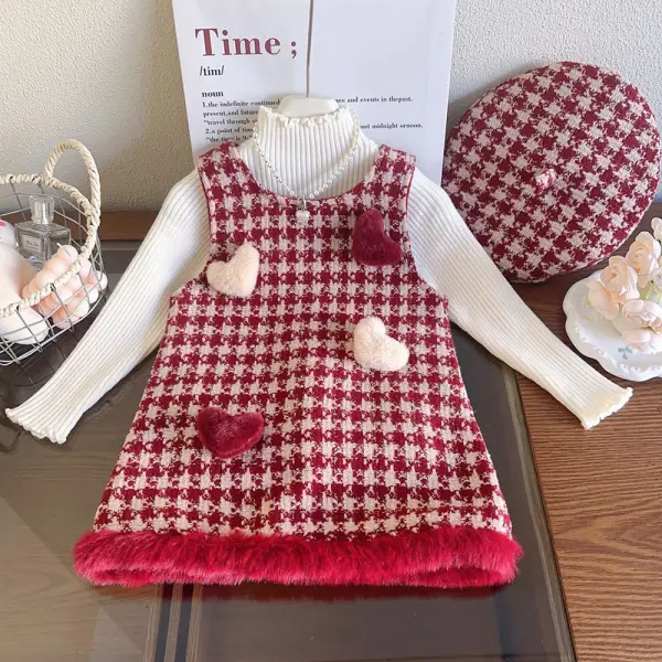 【18M-8Y】2-piece Girls Thick Tweed Fleece Heart Applique Sleeveless Dress With Hat (T-shirt Not Included) - Popopieshop.com 