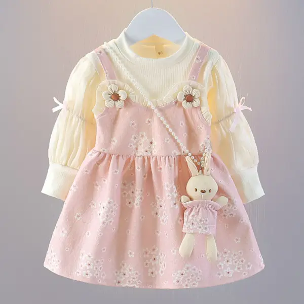 【18M-6Y】2-piece Girls Fake Two Piece Floral Long Sleeve Dress With Bunny - Popopieshop.com 