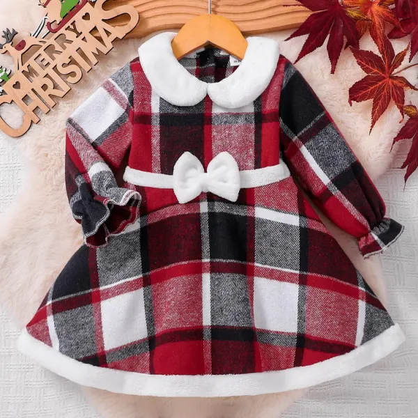 【6M-3Y】Baby Girl Cute White Bow Design Red Plaid Dress - Popopieshop.com 