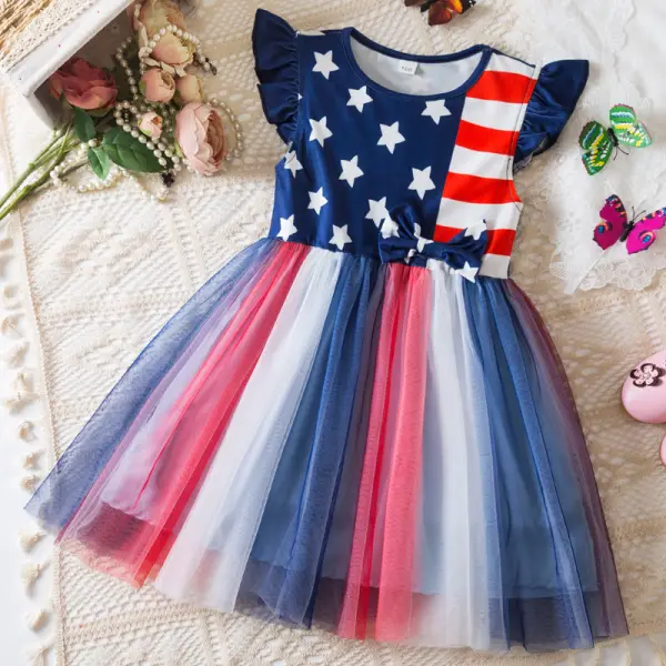 【6M-5Y】Girls Casual Fashion American Flag Print Independence Day Ruffle Sleeve Dress - Popopieshop.com 