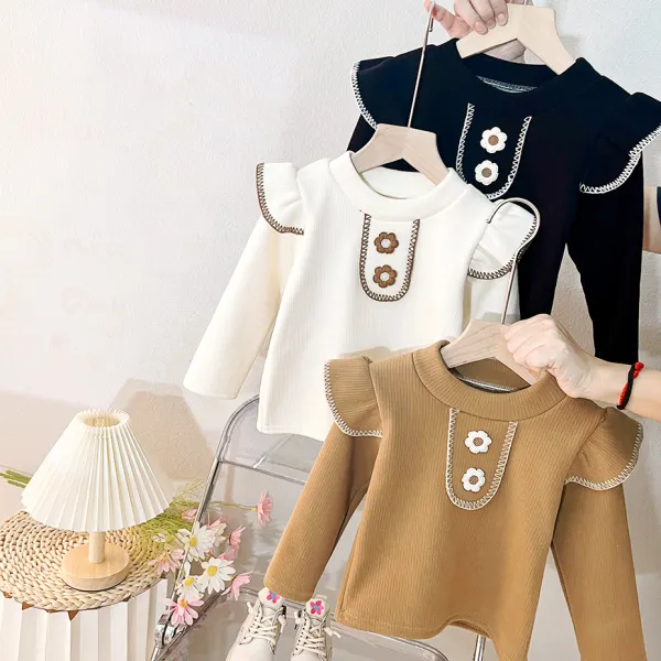 【12M-6Y】Girls Sweet And Cute Floral Embroidery Padded Fleece Bubble Sleeve T-shirt - Popopieshop.com 