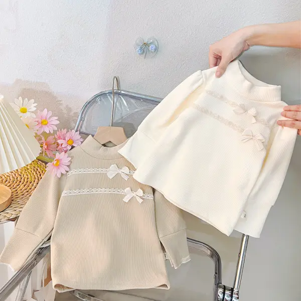 【12M-6Y】Girls Sweet And Cute Lace And Bow Embroidery Padded Fleece Bubble Sleeve T-shirt - Popopieshop.com 
