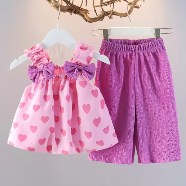 【12M-5Y】2-piece Girls Cute Heart Shape Print And Bow Design Pink Camisole Top And Purple Pants Set - Popopieshop.com 