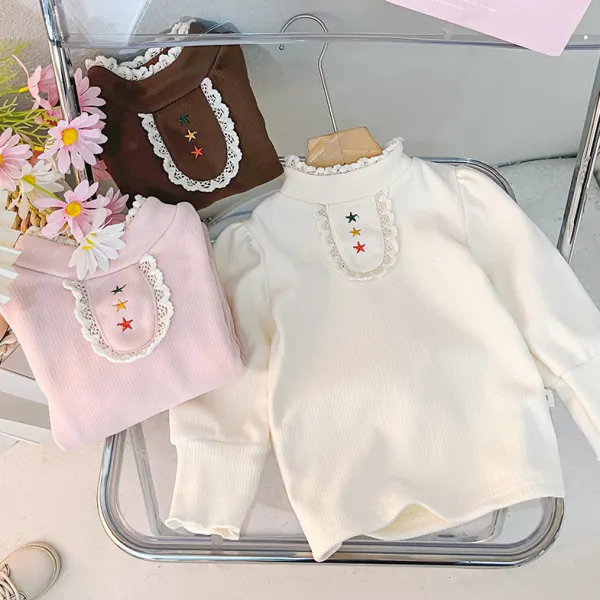 【12M-6Y】Girls Sweet And Cute Star Embroidery And Lace Design Padded Fleece Bubble Sleeve T-shirt - Popopieshop.com 