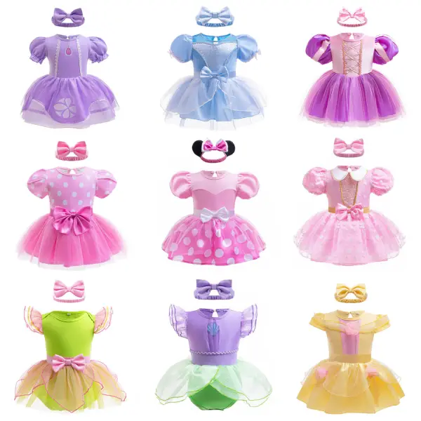 【3M-24M】2-piece Baby Girl Cute Princess Dress Rompers With Bow Hair Bands - Popopieshop.com 
