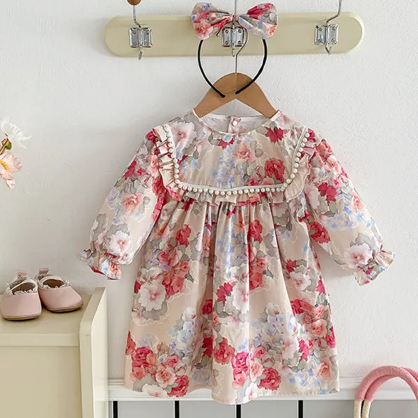 【18M-8Y】2-piece Girls Sweet Pink Flower Print Ruffle Long Sleeve Dress With Headband - Popopieshop.com 
