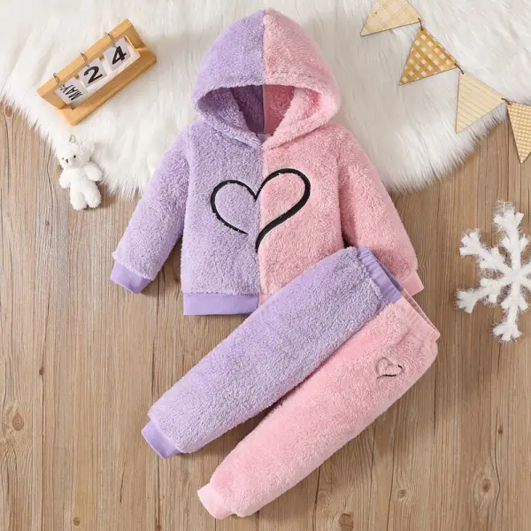【1Y-8Y】2-piece Girls Pink Flannel Heart Embroidered Hooded Sweatshirt And Pants Set - Popopieshop.com 