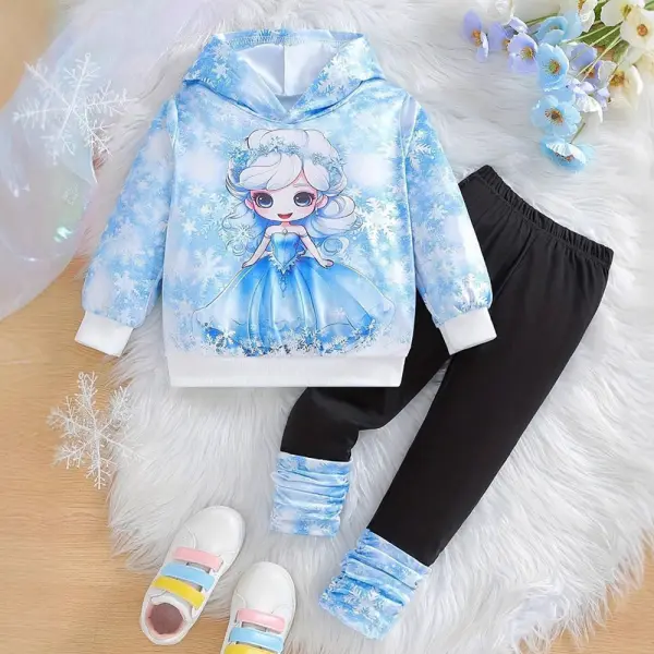 【2Y-7Y】2-piece Girls Light Blue Cartoon Print Hooded Sweatshirt And Pants Set - Popopieshop.com 