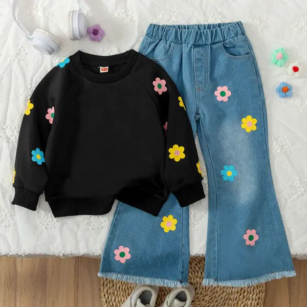 【2Y-7Y】2-piece Girls Floral Print Long Sleeve Sweatshirt And Jeans Set - Popopieshop.com 