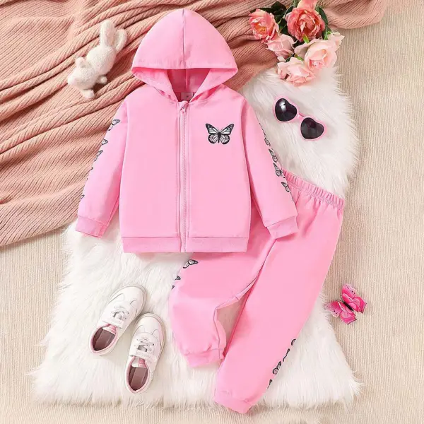 【18M-6Y】2-piece Girls Butterfly Print Hooded Jacket And Pants Set - Popopieshop.com 