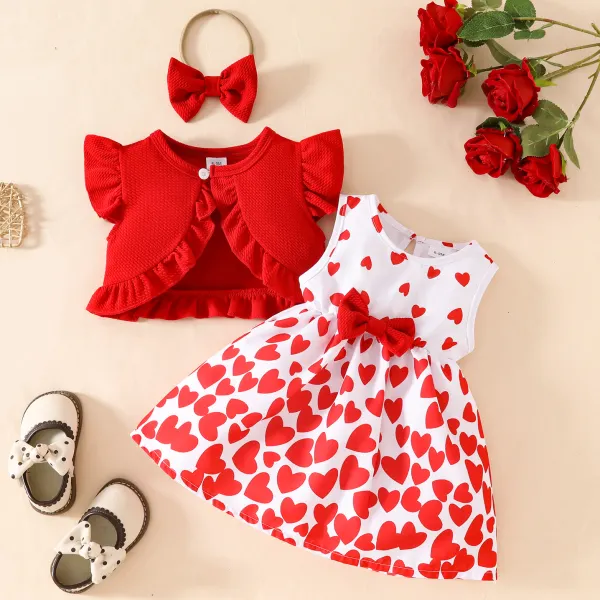 【6M-3Y】3-piece Baby Girl Cute Heart Shape Printed Dress And Red Cardigan Set With Bow Hairband - Popopieshop.com 