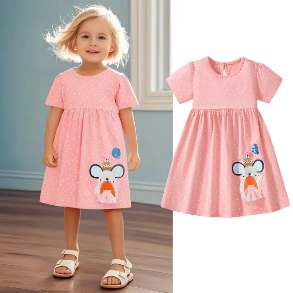 【1Y-7Y】Girls Cute Cartoon Embroidery Polka Dot Print Pink Dress - Popopieshop.com 