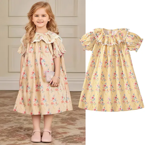 【1Y-7Y】Girls Sweet Fashion Pink Floral And Yellow Stripe Printed Flap Dress - Popopieshop.com 