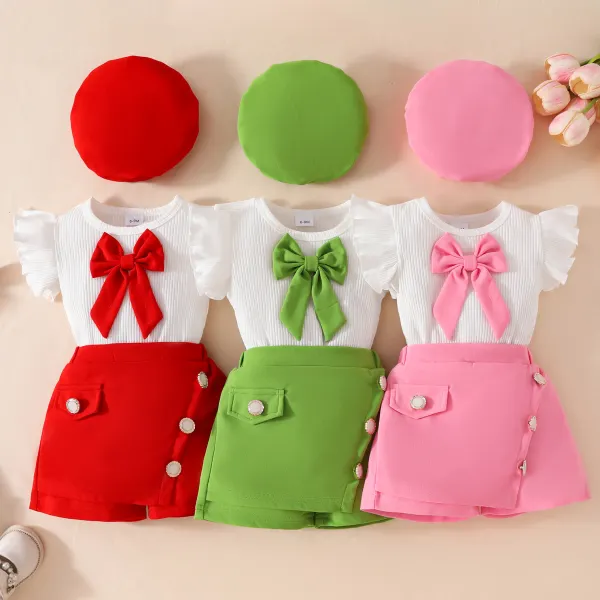 【6M-3Y】3-piece Baby Girls Cute Bow T-shirt And Shorts Set With Hat - Popopieshop.com 