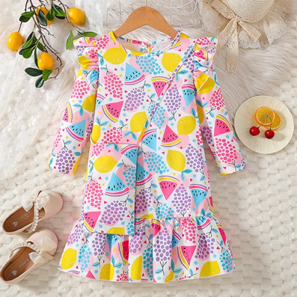 【2Y-8Y】2-piece Girls Cute Watermelon Fruit Print Long Sleeve Dress With Crossbody Bag - Popopieshop.com 