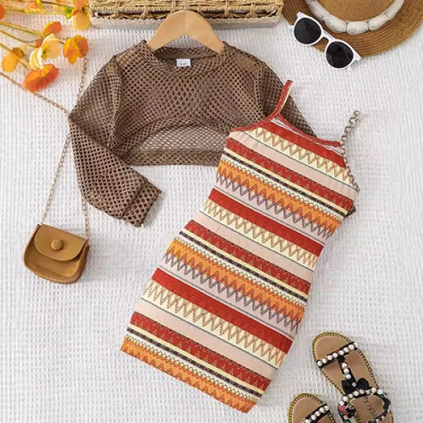 【3Y-10Y】2-piece Girls Fashion Colorful Striped Suspender Dress And Hollow Mesh Top Set - Popopieshop.com 