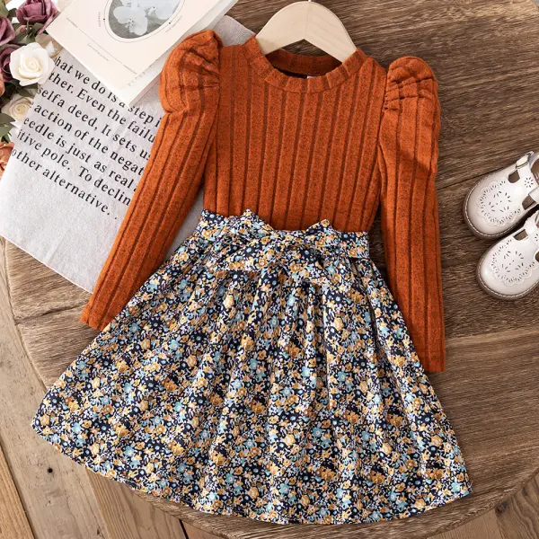 【2Y-7Y】Girls Light Brown Floral Long Sleeve Dress - Popopieshop.com 