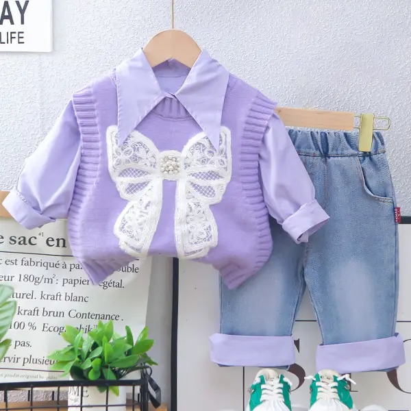 【9M-5Y】3-piece Girls Long Sleeve Shirt And Bow Embroidered Sweater Vest And Jeans Set - Popopieshop.com 