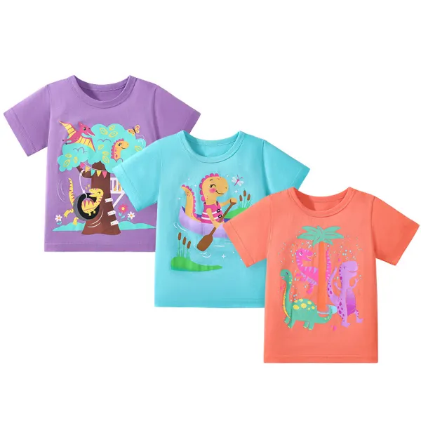 【1Y-7Y】3-piece Kids Casual Dinosaur Print Short Sleeve T-shirt Set - Popopieshop.com 
