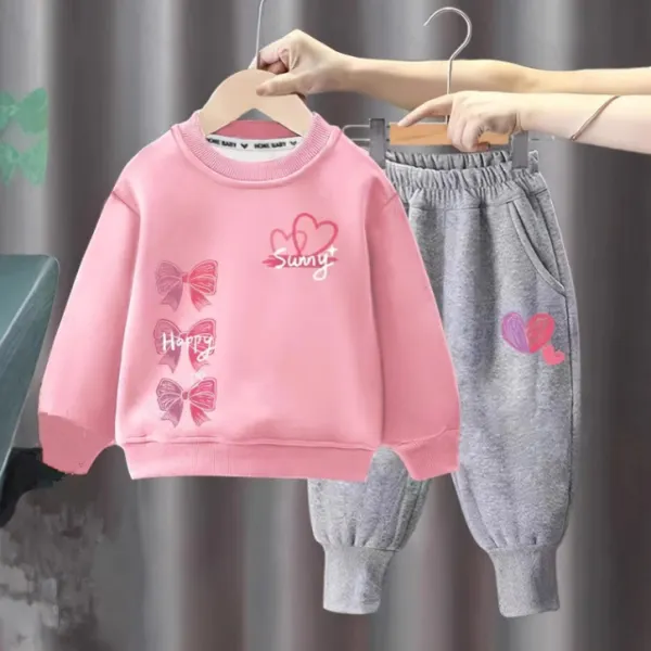 【12M-5Y】2-piece Girls Casual Bow And Heart Shape Printed Sweatshirt And Sweatpants Set - Popopieshop.com 
