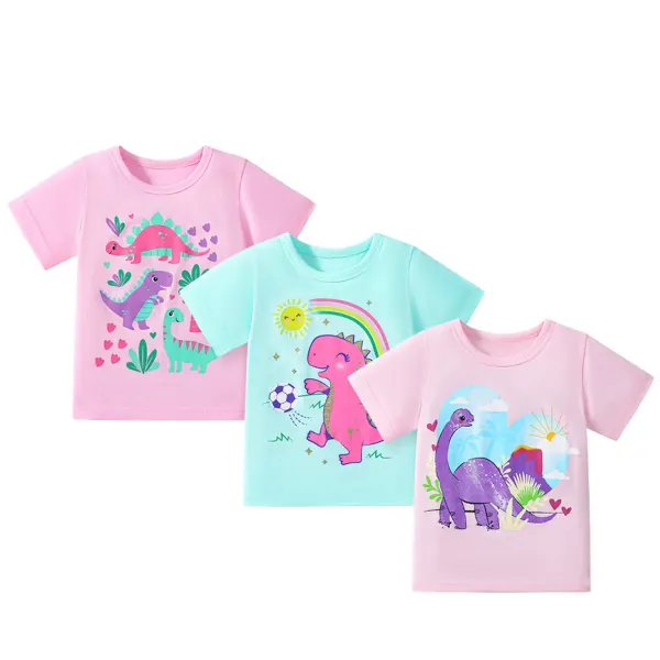 【1Y-7Y】3-piece Girls Casual Dinosaur Print Short Sleeve T-shirt Set - Popopieshop.com 