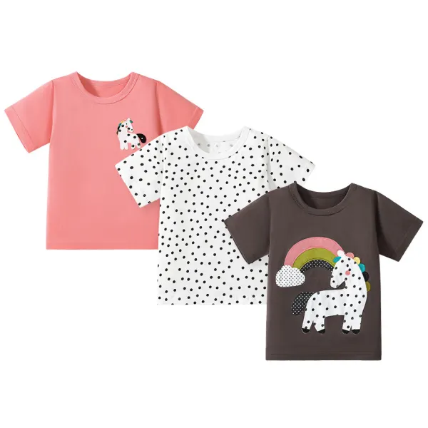 【1Y-7Y】3-piece Girls Polka Dot Print Rainbow And Unicorn Embroidered Short Sleeve T-shirt Set - Popopieshop.com 