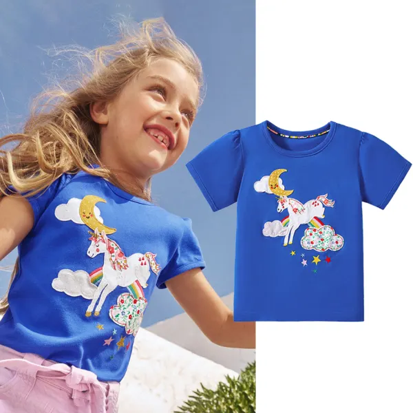 【1Y-7Y】Girls Cute Unicorn And Rainbow And Moon Embroidered Blue Short Sleeve T-shirt - Popopieshop.com 