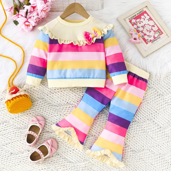 【6M-3Y】2-piece Baby Girls Cute Rainbow Color Striped T-shirt And Pants Set - Popopieshop.com 