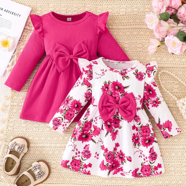 【6M-3Y】2-pack Baby Girls Solid Color Floral Print Bowknot Long Sleeve Dress - Popopieshop.com 