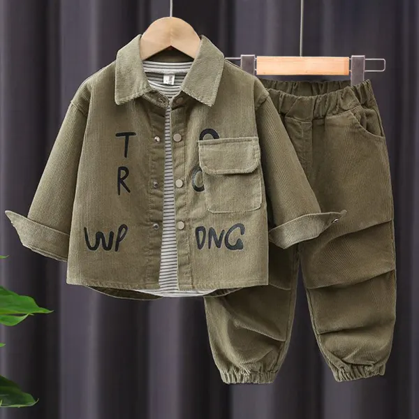 【12M-5Y】3-piece Boys Casual Striped Long Sleeve T-shirt Letter Print Corduroy Lapel Jacket And Pants Set - Popopieshop.com 