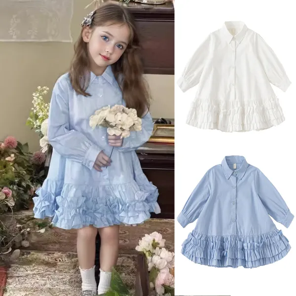 【18M-8Y】Girls Sweet Ruffled Long Sleeve Shirt Dress - Popopieshop.com 