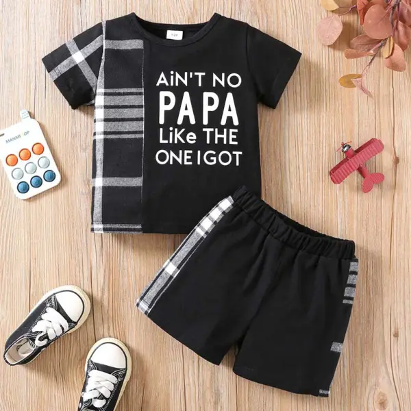【1Y-8Y】2-piece Boys Black Plaid Letter Print Short Sleeve T-shirt And Shorts Set - Popopieshop.com 