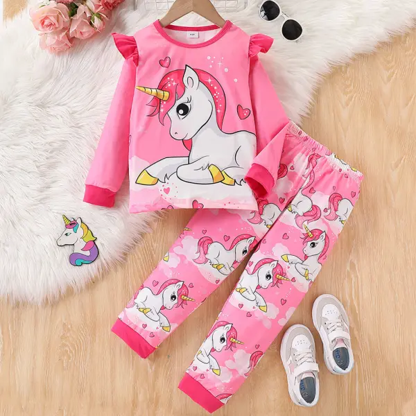 【1Y-8Y】2-piece Girls Pink Unicorn Print Long Sleeve Pajama Set - Popopieshop.com 